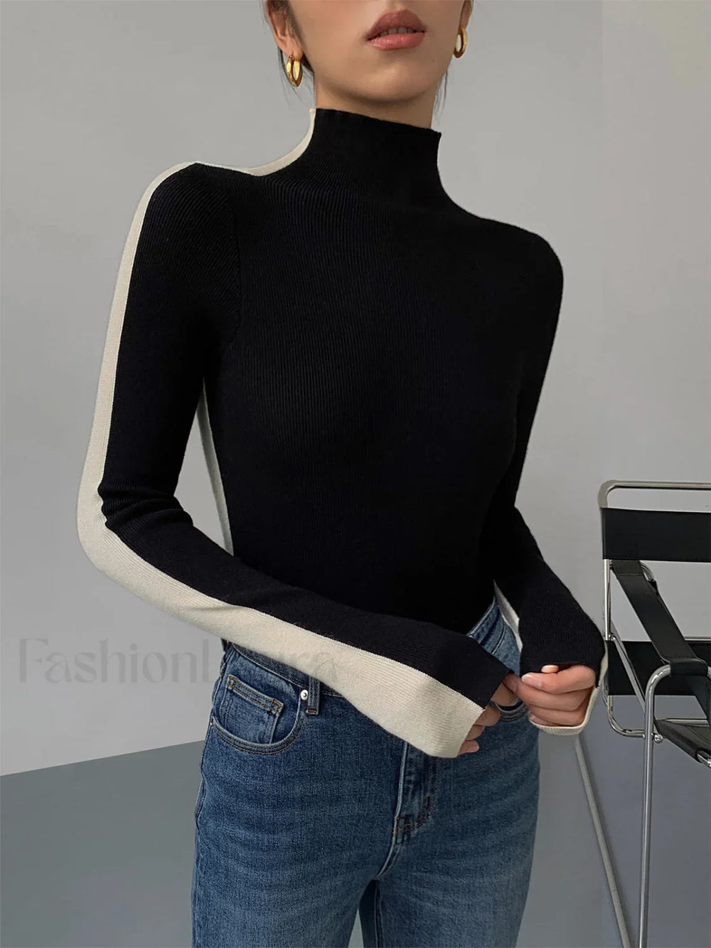 Two Tone Double Sided Modern Long Sleeve Knit Top Black / XS Sweaters L