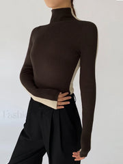 Two Tone Double Sided Modern Long Sleeve Knit Top Dark Brown / XS Sweaters L