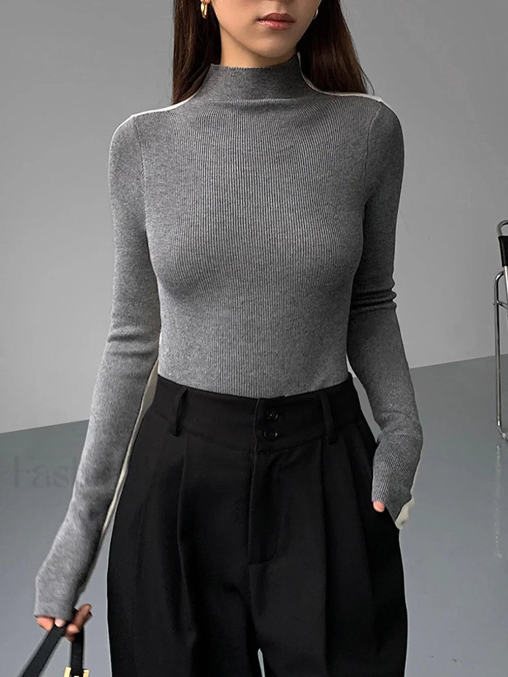 Two Tone Double Sided Modern Long Sleeve Knit Top Light Grey / XS Sweaters L
