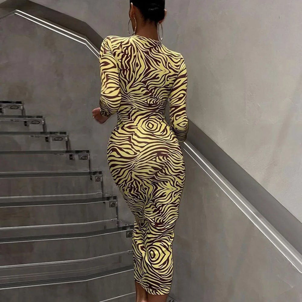 Unique Abstract Long Sleeve Tie Front Cut Out Midi Dress Yellow L / Yellow Party Dresses