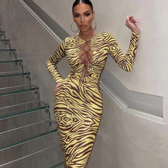 Unique Abstract Long Sleeve Tie Front Cut Out Midi Dress Yellow S / Yellow Party Dresses