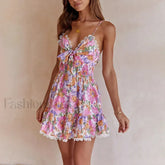 V Neck Bowknot Mini Floral Dress ASPICTURE / XS