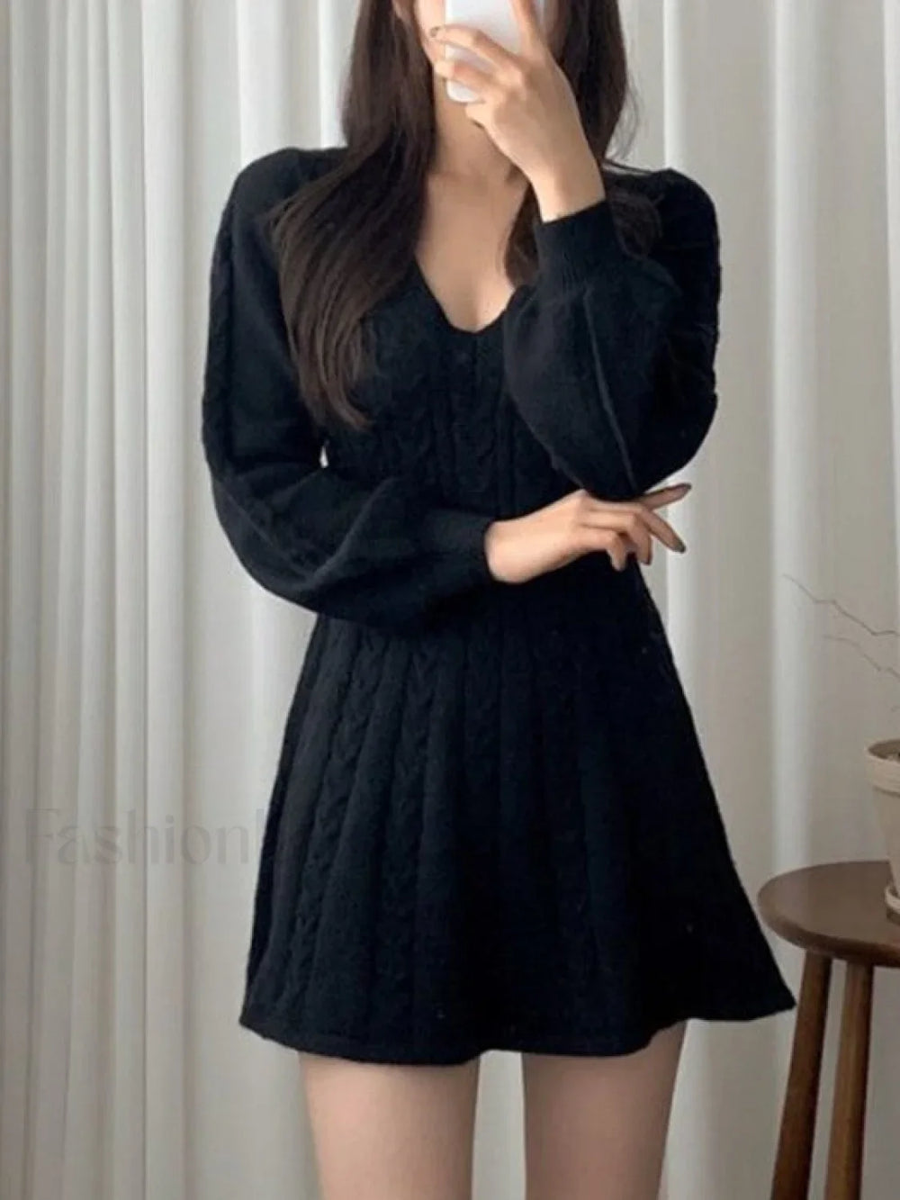V Neck Cable Knit Long Sleeve Mini Dress Mini Dresses