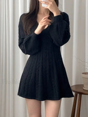 V Neck Cable Knit Long Sleeve Mini Dress Mini Dresses