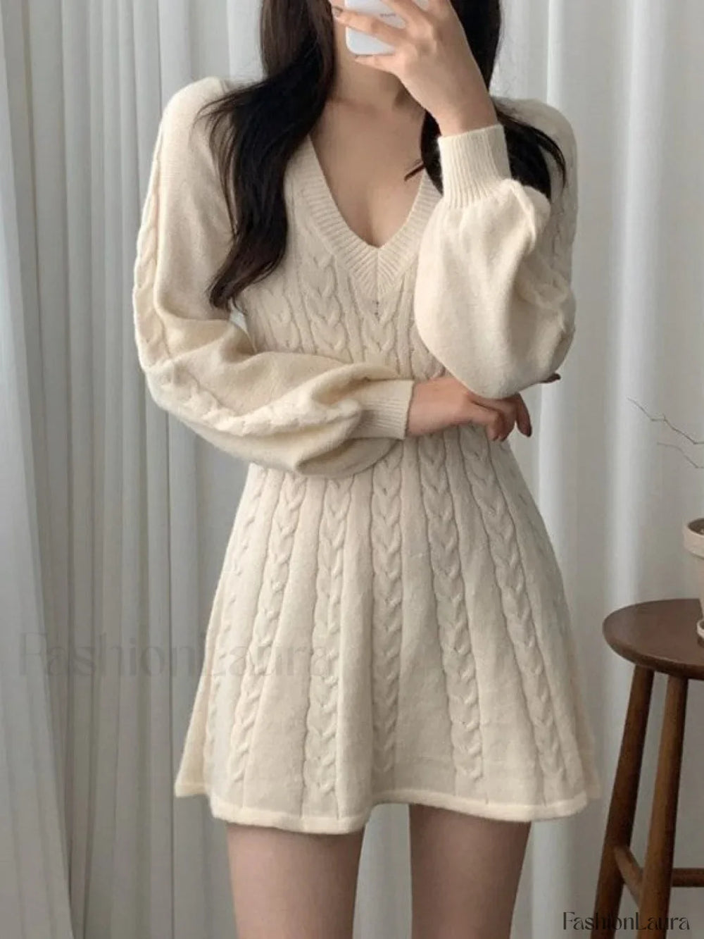 V Neck Cable Knit Long Sleeve Mini Dress Mini Dresses