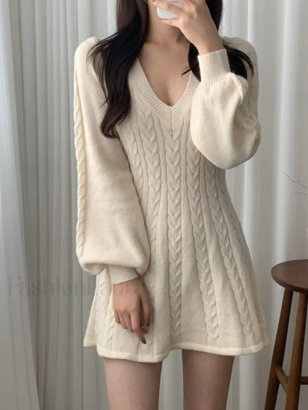 V Neck Cable Knit Long Sleeve Mini Dress Mini Dresses
