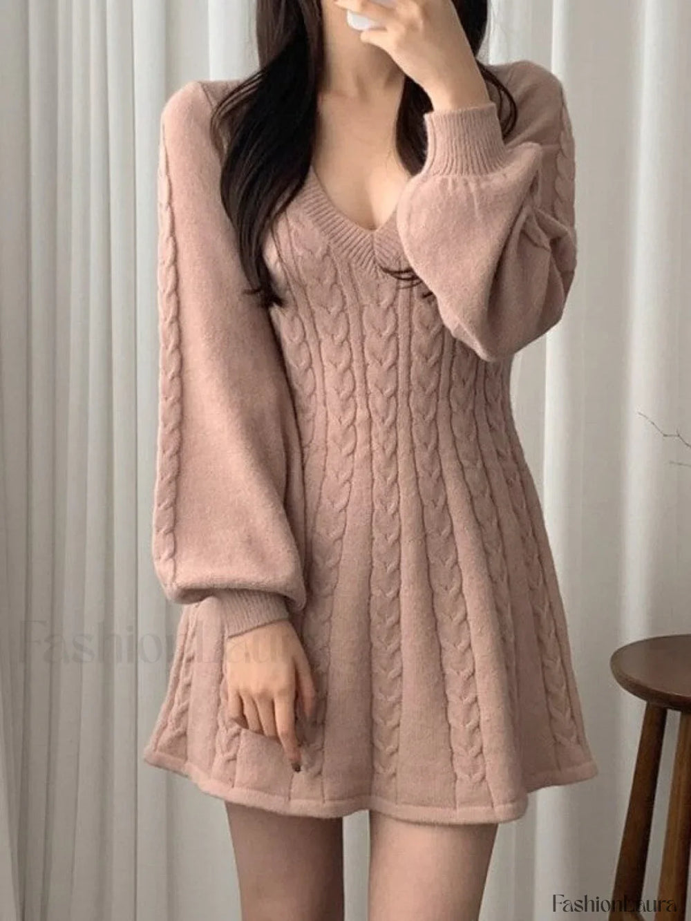 V Neck Cable Knit Long Sleeve Mini Dress Mini Dresses