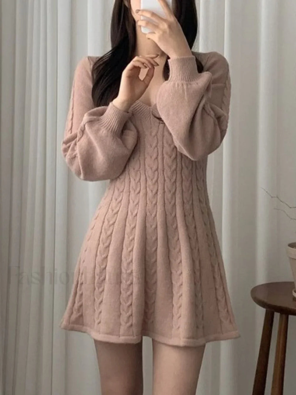 V Neck Cable Knit Long Sleeve Mini Dress Mini Dresses