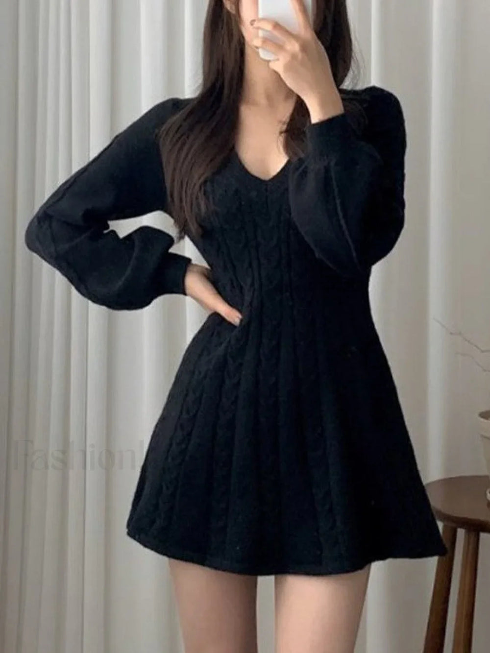 V Neck Cable Knit Long Sleeve Mini Dress Mini Dresses