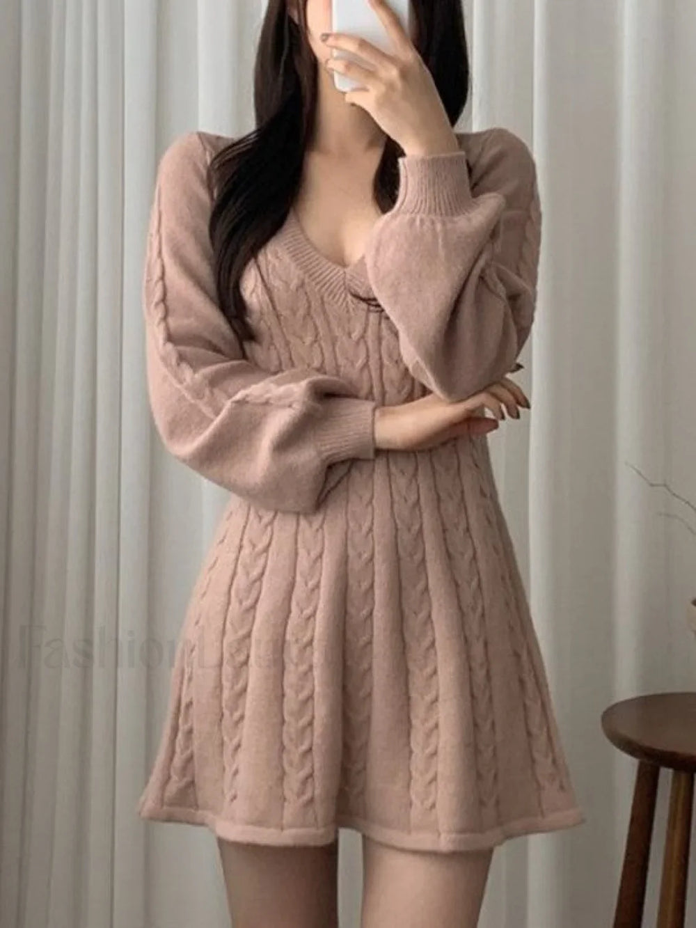 V Neck Cable Knit Long Sleeve Mini Dress Mini Dresses