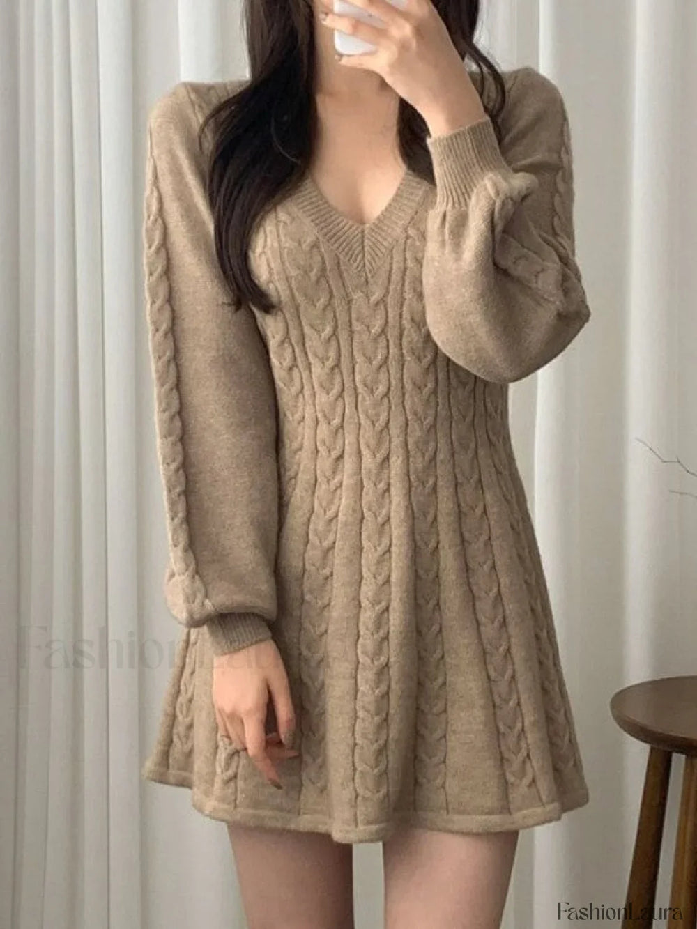 V Neck Cable Knit Long Sleeve Mini Dress Mini Dresses