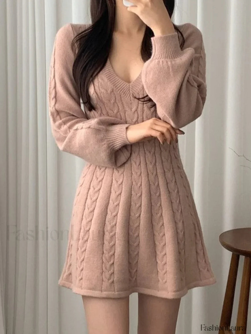 V Neck Cable Knit Long Sleeve Mini Dress Mini Dresses