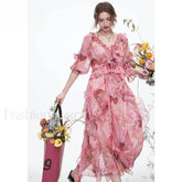 V Neck Chiffon Ruffled Floral Dress Pink / S