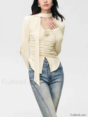 V neck Draped Floral Detail Modern Blouse with Matching Scarf Blouses