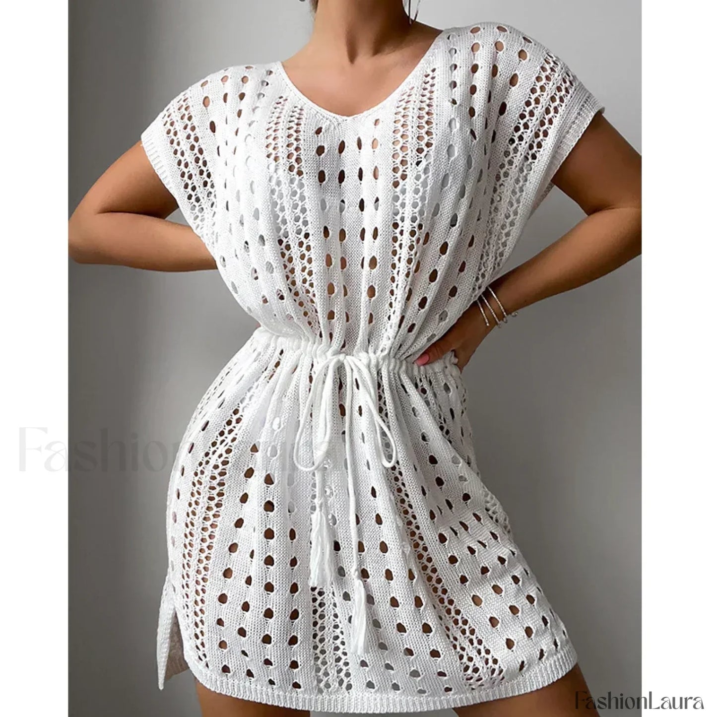 V Neck Drawstring Slit Dress Cover Up WHITE / One Size