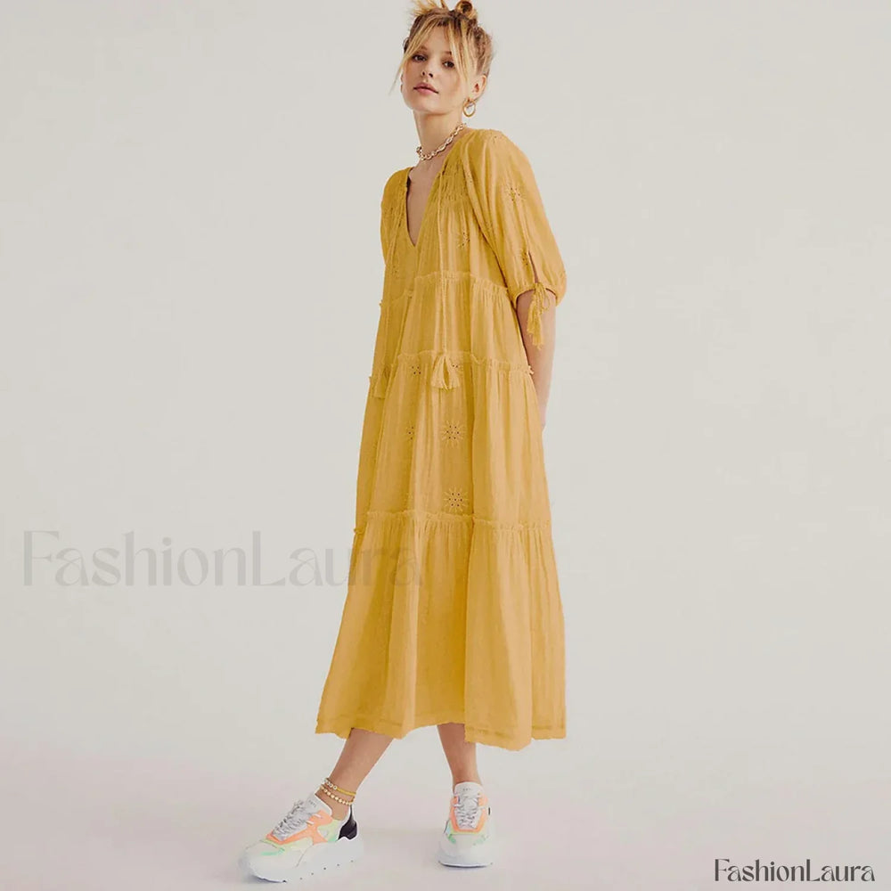 V Neck Embroidery Midi Boho Dress