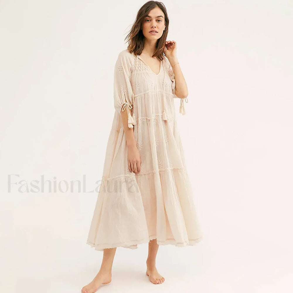 V Neck Embroidery Midi Boho Dress