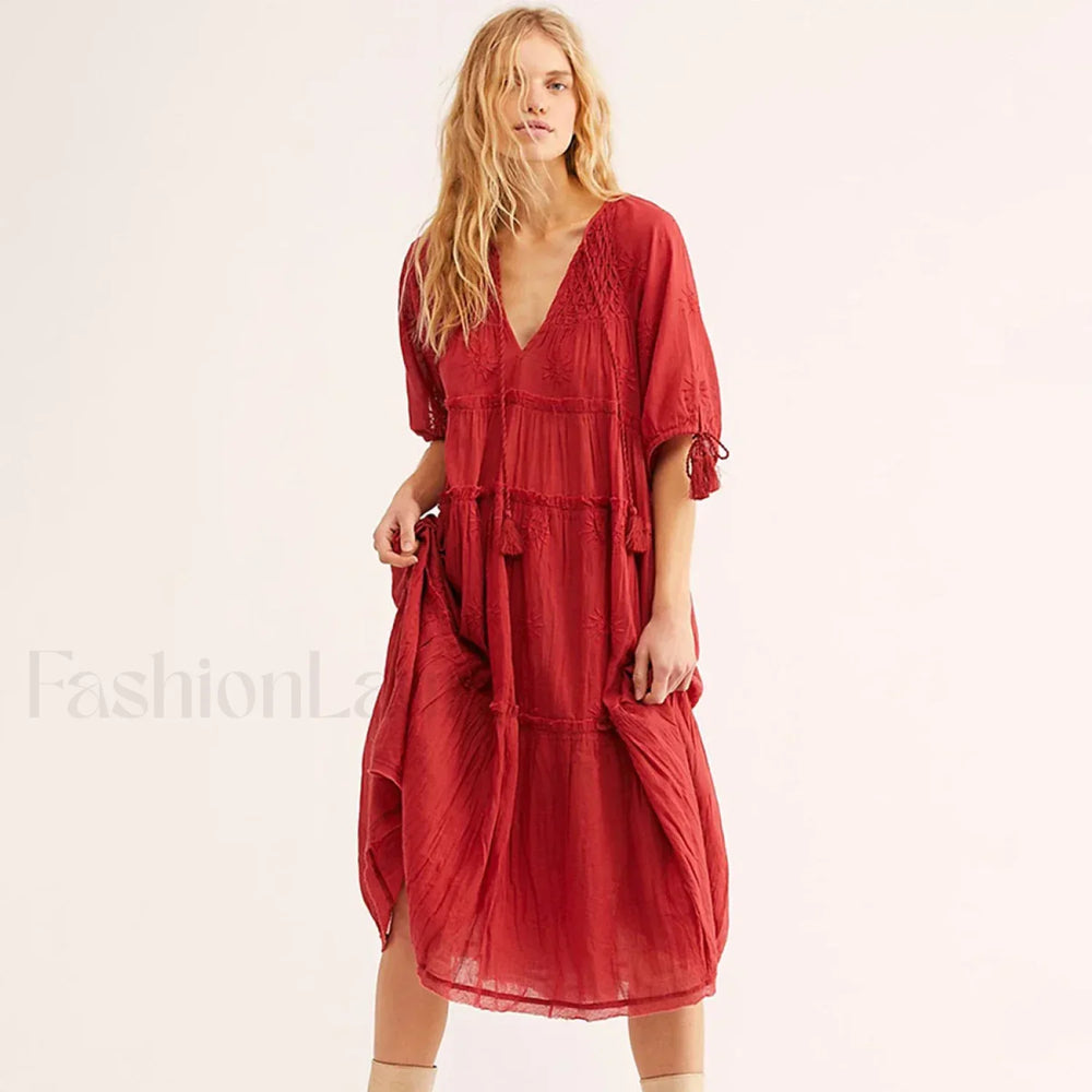 V Neck Embroidery Midi Boho Dress