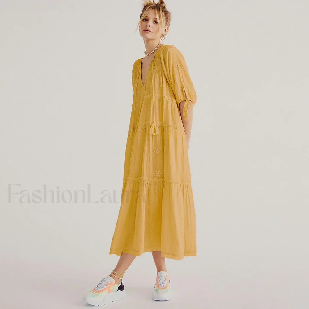V Neck Embroidery Midi Boho Dress