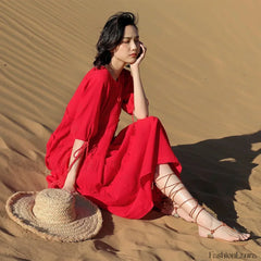 V Neck Embroidery Midi Boho Dress Red / S