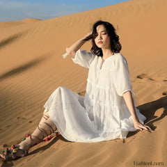 V Neck Embroidery Midi Boho Dress WHITE / S