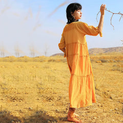 V Neck Embroidery Midi Boho Dress Yellow / S