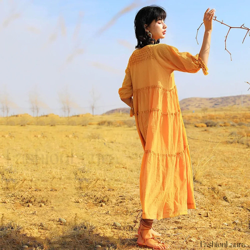 V Neck Embroidery Midi Boho Dress Yellow / S