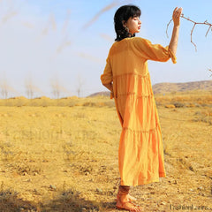 V Neck Embroidery Midi Boho Dress Yellow / S