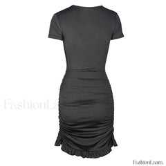 V Neck Floss Strap Ruched Bodycon Party Mini Dress Black L / Black Party Dresses L