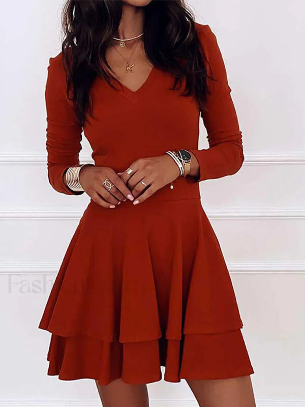 V Neck Long Sleeve Ruffle Midi Dress Midi Dresses