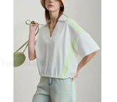 V Neck Loose Short Sleeve Cotton T Shirt Beige / S