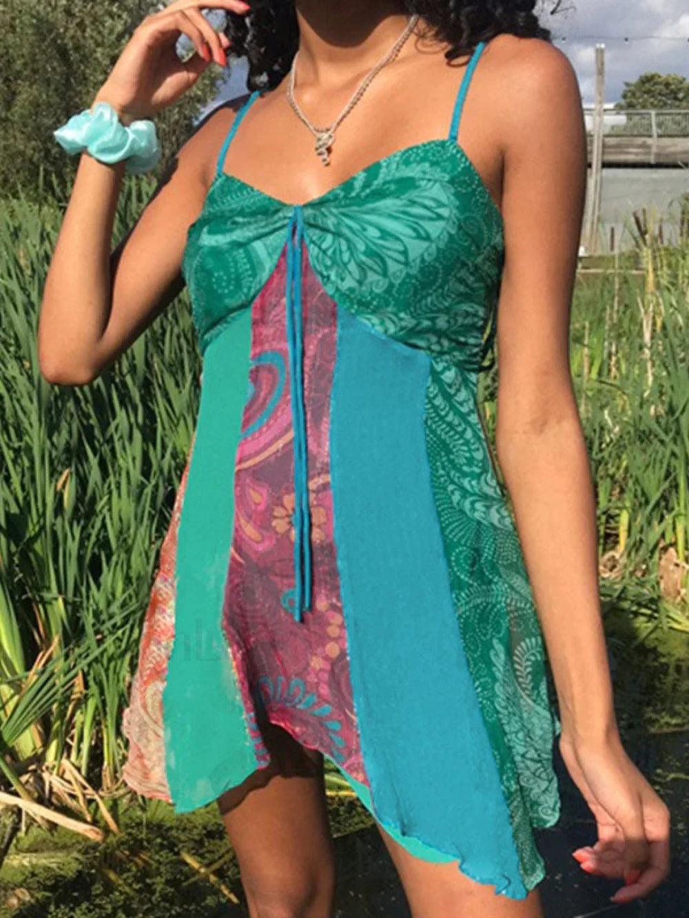 V Neck Patchwork Mini Dress Green / S Mini Dresses