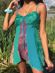 V Neck Patchwork Mini Dress Green / S Mini Dresses