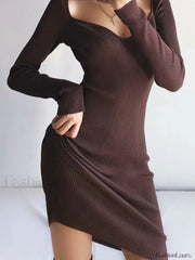 V Neck Ribbed Knit Long Sleeve Mini Dress Brown / ONE SIZE Mini Dresses