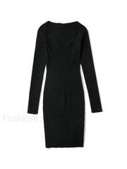 V Neck Ribbed Knit Long Sleeve Mini Dress Mini Dresses