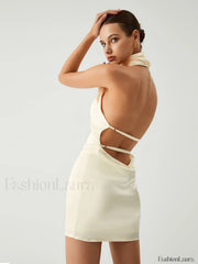 Vanilla Satin Halter Trendy Open Back Short Dress Dresses