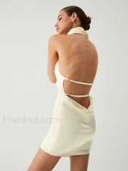 Vanilla Satin Halter Trendy Open Back Short Dress Dresses