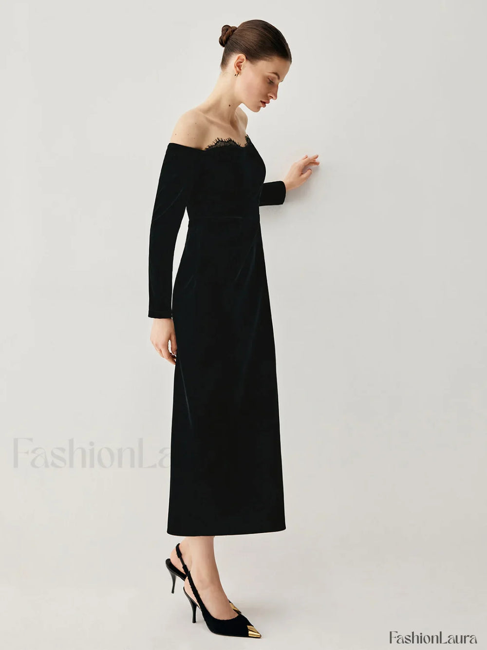 Velvet Off shoulder Patchwork Trendy Slit Midi Dress Dresses