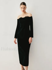 Velvet Off shoulder Patchwork Trendy Slit Midi Dress Dresses