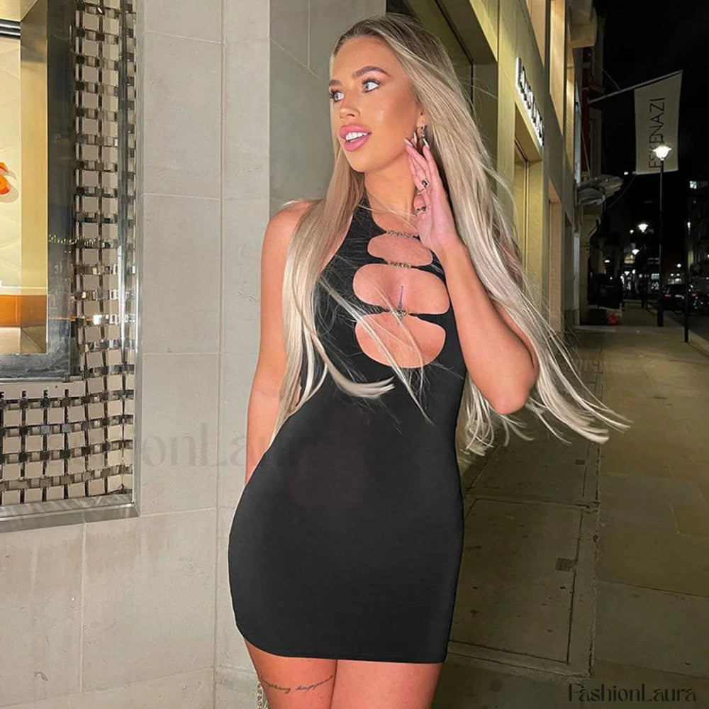 Versatile Glove Open Back Cutout Party Mini Dress Black S / Black Party Dresses