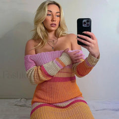Versatile Striped Long Sleeve Crochet Knit Maxi Dress Multicolor L / Multicolor Sweater Dresses