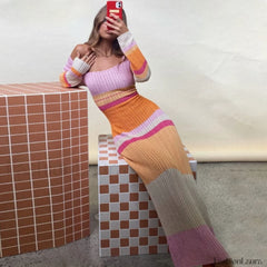 Versatile Striped Long Sleeve Crochet Knit Maxi Dress Multicolor M / Multicolor Sweater Dresses