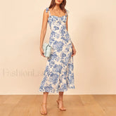 Vintage Blue Floral Print Floral Dress