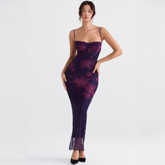 Vintage Flower Print Mesh Panel Lace Up Back Slip Maxi Dress Black S / Black Formal Dresses