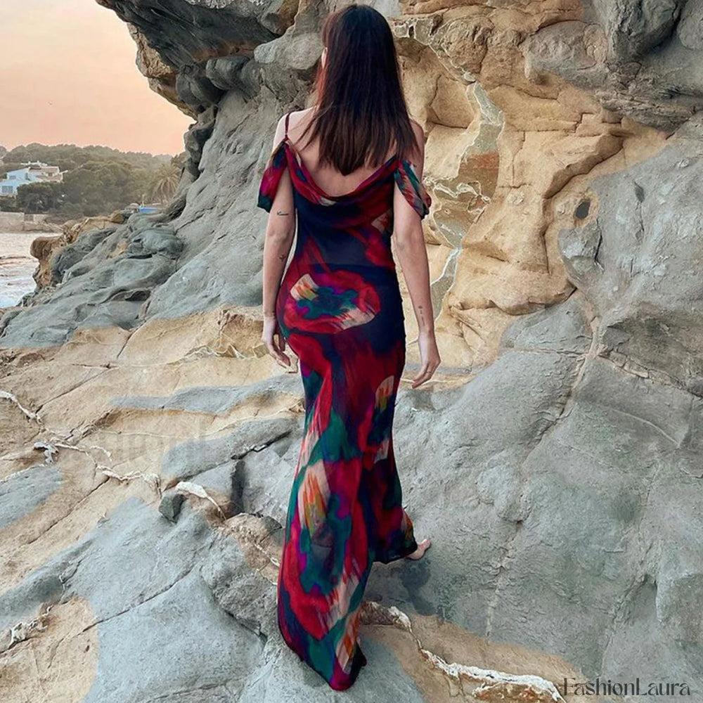 Vintage Print Cowl Neck Cold Shoulder Vacation Maxi Dress Red M / Red Vacation Dresses