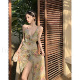 Vintage Print Halter Neck Fishtail Trim Sleeveless Maxi Dress Apricot Vacation Dresses