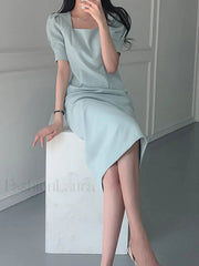 Vintage Puff Sleeve Split Maxi Dress Blue / S Midi Dresses