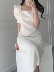 Vintage Puff Sleeve Split Maxi Dress Midi Dresses