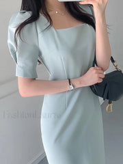 Vintage Puff Sleeve Split Maxi Dress Midi Dresses