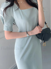 Vintage Puff Sleeve Split Maxi Dress Midi Dresses